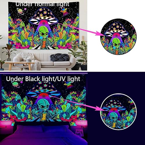 Miniatura 7 de JAWO Tapiz de luz negra extraterrestre, mágico psicodélico de hongos psicodélicos OVNI Fantasía UV Tapiz fresco tapiz de luz negra póster colorido