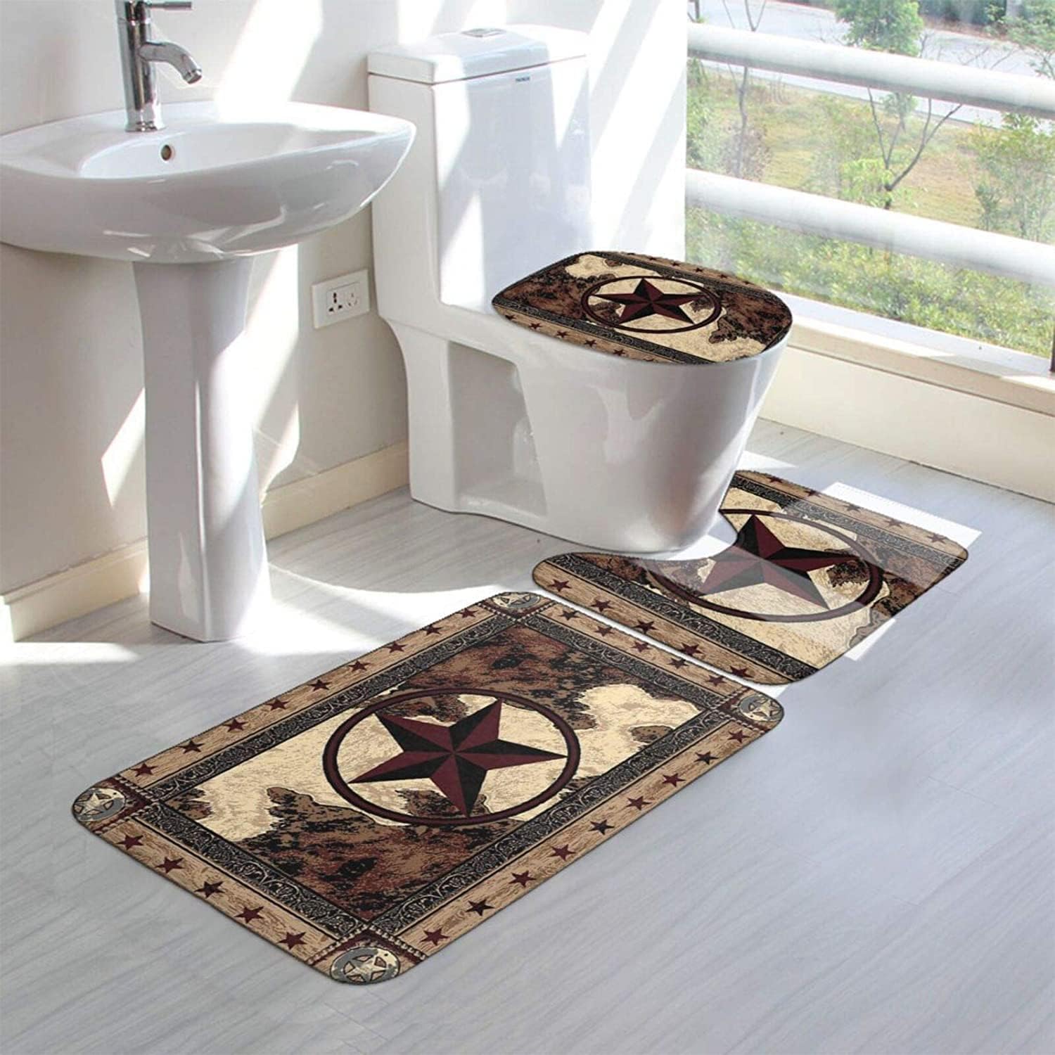 Giwawa Western Texas Star Bathroom Rugs Set 3 Piece with Non-Slip Bath Rugs Toilet Lid Cover U-Shaped Contour Toilet Mat Rustic Farmhouse Bath Mats for Bathroom - Image 2