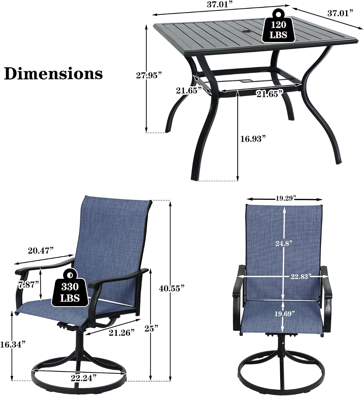 NOBLEMOOD 5-Piece Outdoor Dining Table & Chair Set, Outdoor Dining Set with 4 Textilene Swivel Chairs, Patio Metal Square Dining Table Set for Outside, Garden, Backyard