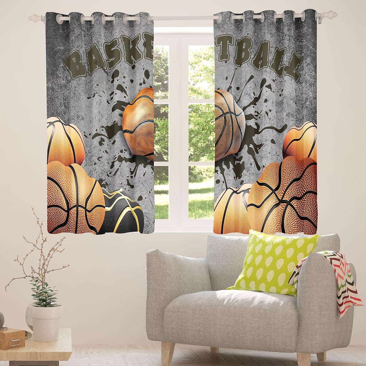 Homewish Sport Curtain Basketball Fenstervorhang 137x117(HxB) Jungen 3D Baseball Ledermuster Blickdichte Vorhänge Schlafzimmer Coole Ballspiele Tintendruck 2 Paneele Gardienen