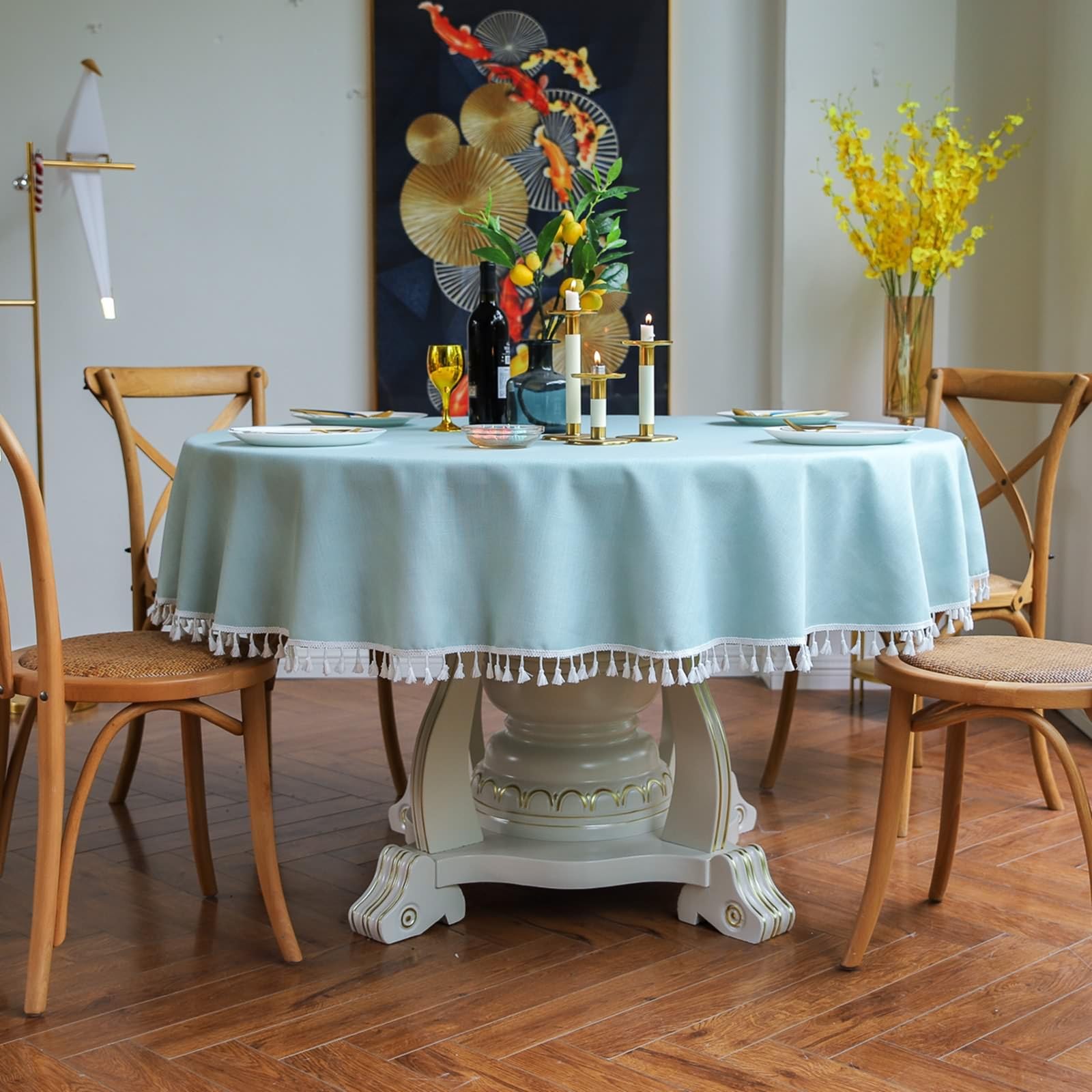Mantel redondo de poliéster de 79 pulgadas, color sólido con borlas, mantel de tela para comedor, cocina, fiestas, verde claro