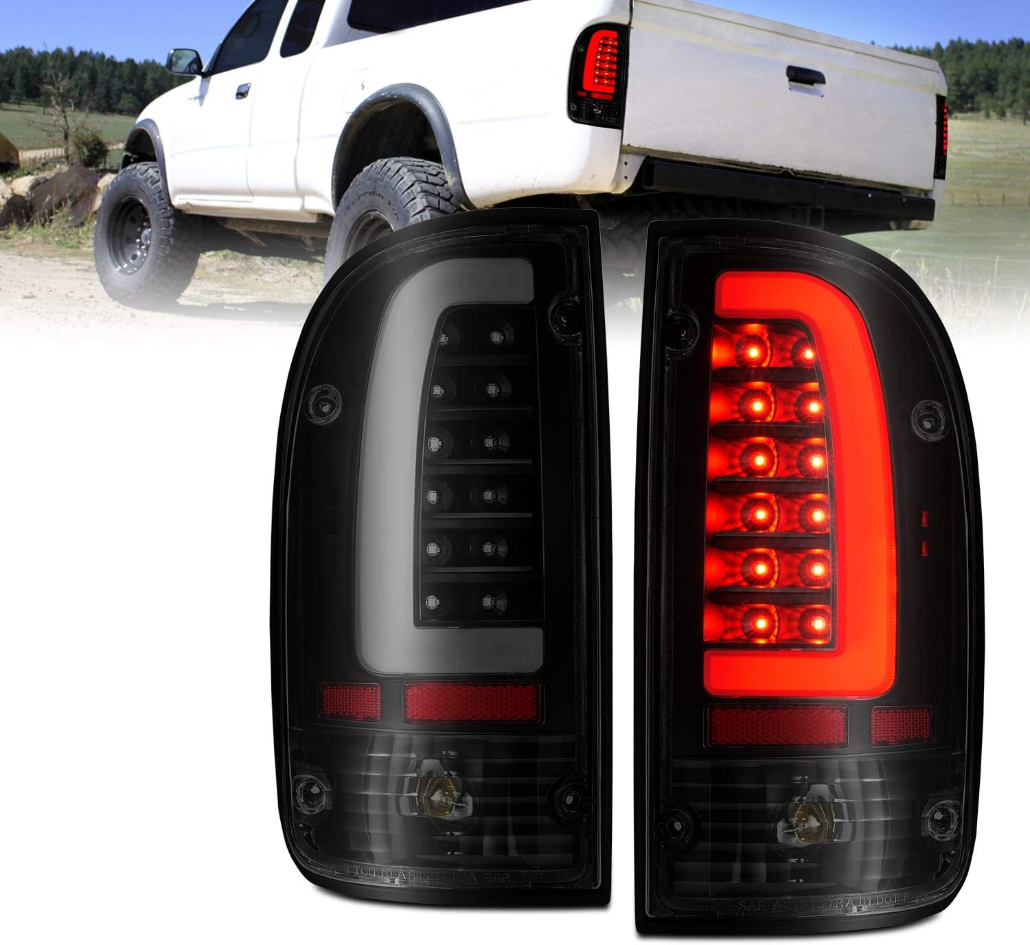AmeriLite for 1995-2000 Toyota Tacoma Truck C-Type LED Tube Smoke Black Replacement Tail Light Pair - Driver and Passenger Side