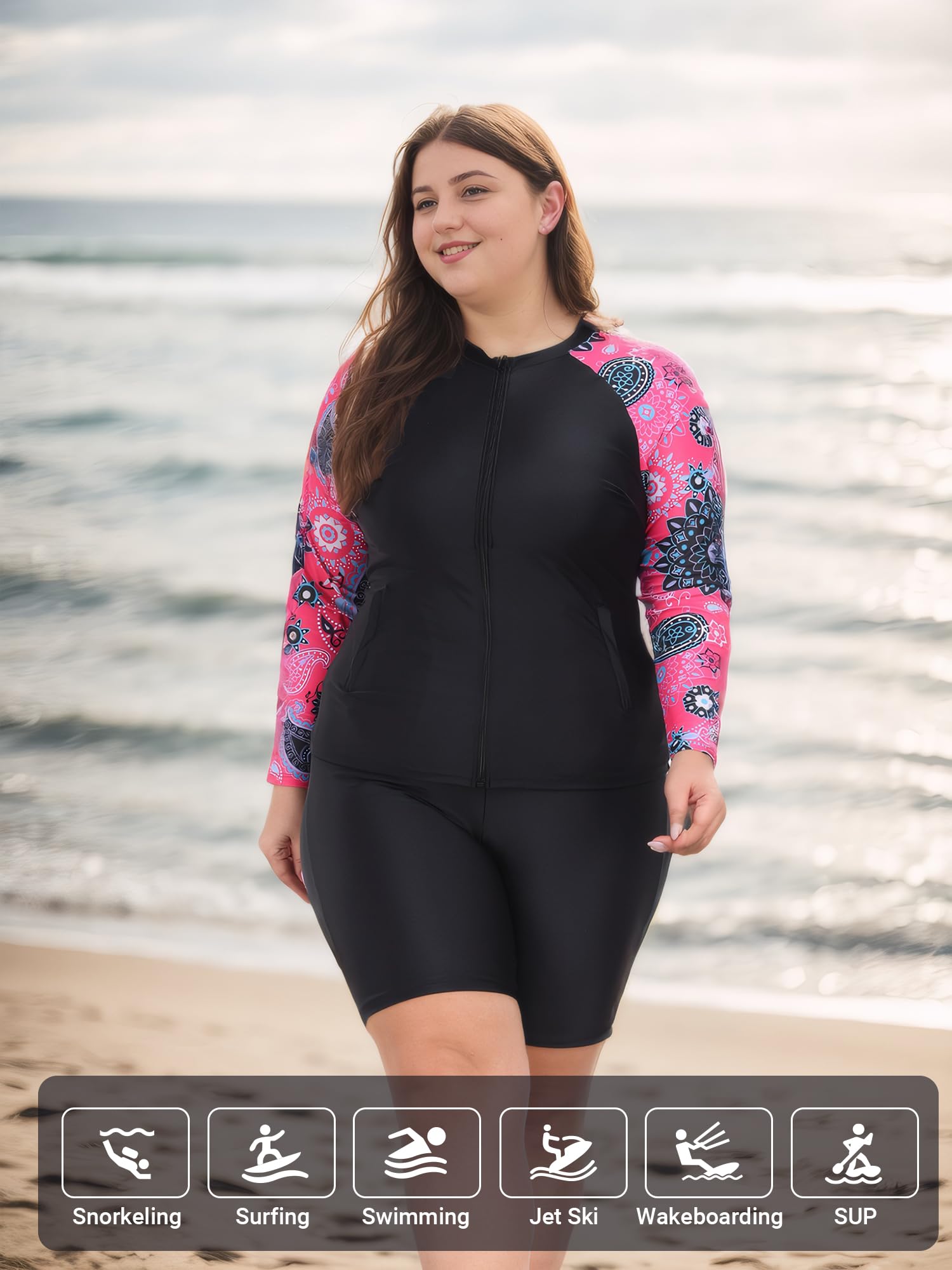 Owntop Maillot de bain 2 pièces UPF 50+ à manches longues avec fermeture éclair et short taille haute pour femme Natation Surf