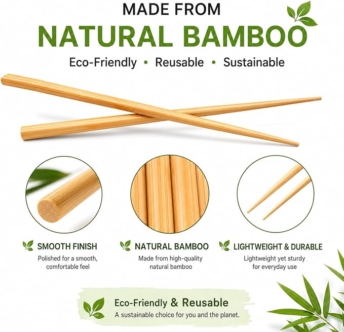 Set de Palitos Chinos de Bambú Natural, 5 pares Reutilizables, 9.5 Pulgadas, Diseño Antideslizante para Sushi, Ramen, Fideos y Cocina Asiática miniatura 6