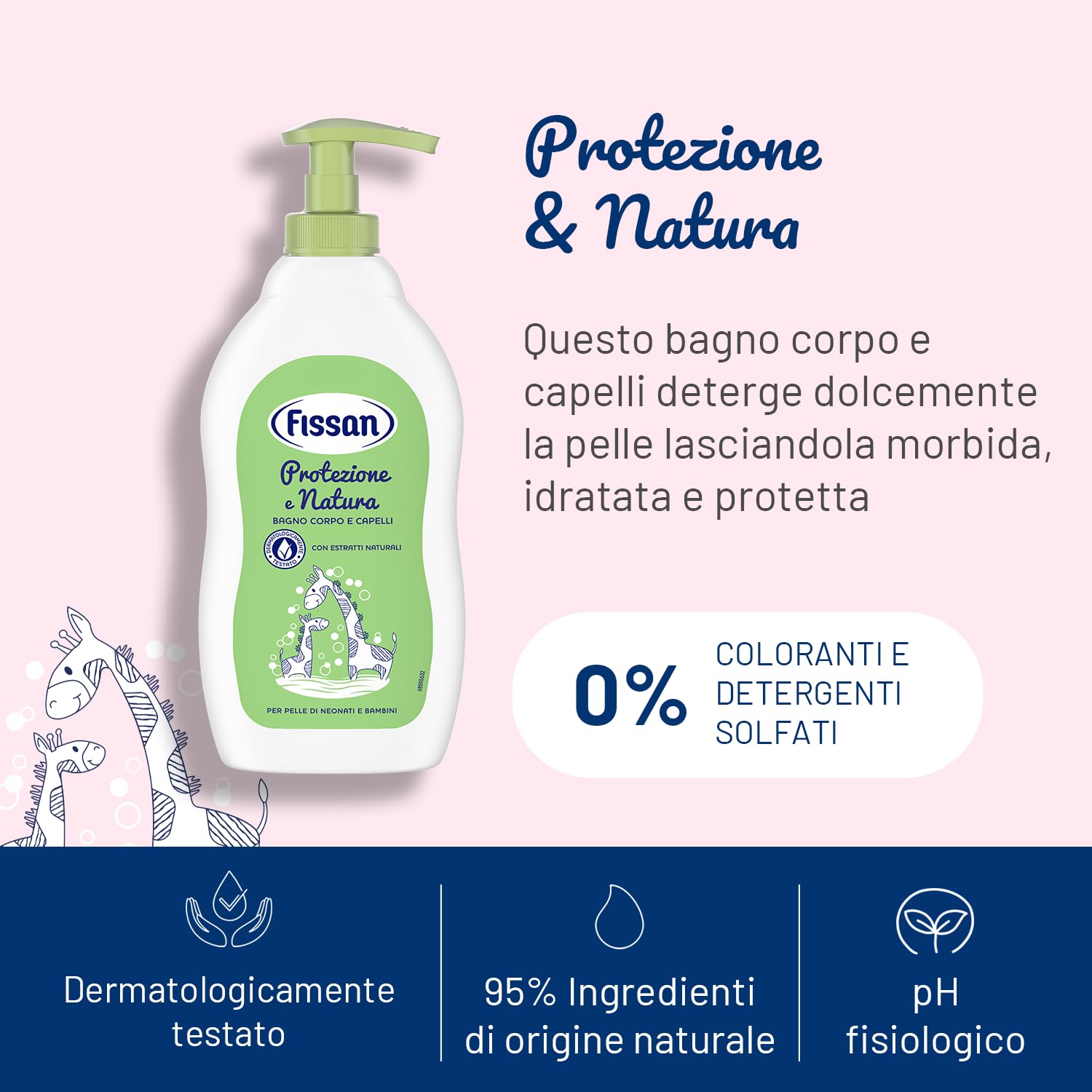 FISSAN - Protezione e Natura Bagno Corpo e Capelli per Pelle di Neonati e Bambini - Delicato sugli Occhi - 0% Coloranti e Detergenti Solfati - Dermatologicamente Testato - 6 Confezioni - 400ml