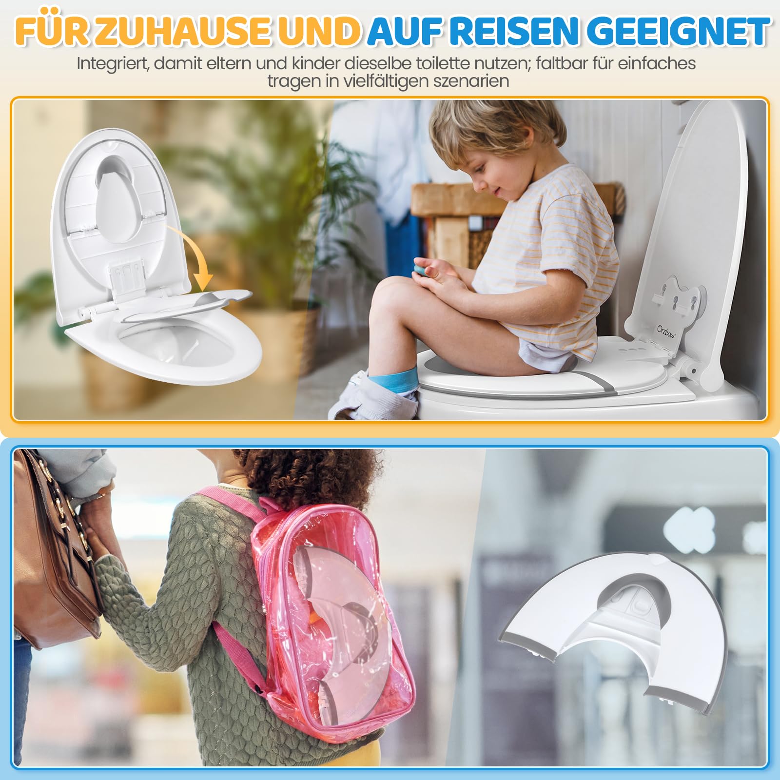 Orzbow Faltbarer Toilettensitz Kinder, Tragbarer Kinder Toilettensitz mit Weichgummi-Urin Barriere, Universal Klositz für Kinder mit Saugnapf, Einstellbare Länge, Einfach zu Benutzen, Weiß