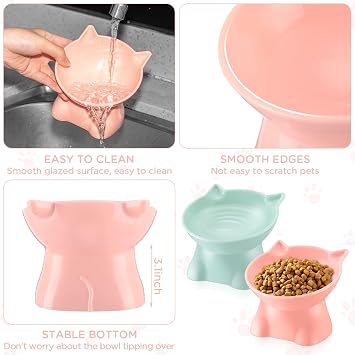 Yaomiao 2 Pcs Plastic Elevated Cat Bowls Raised Pet Food Water Bowls for Small Kitten Pet(Pink, Green)