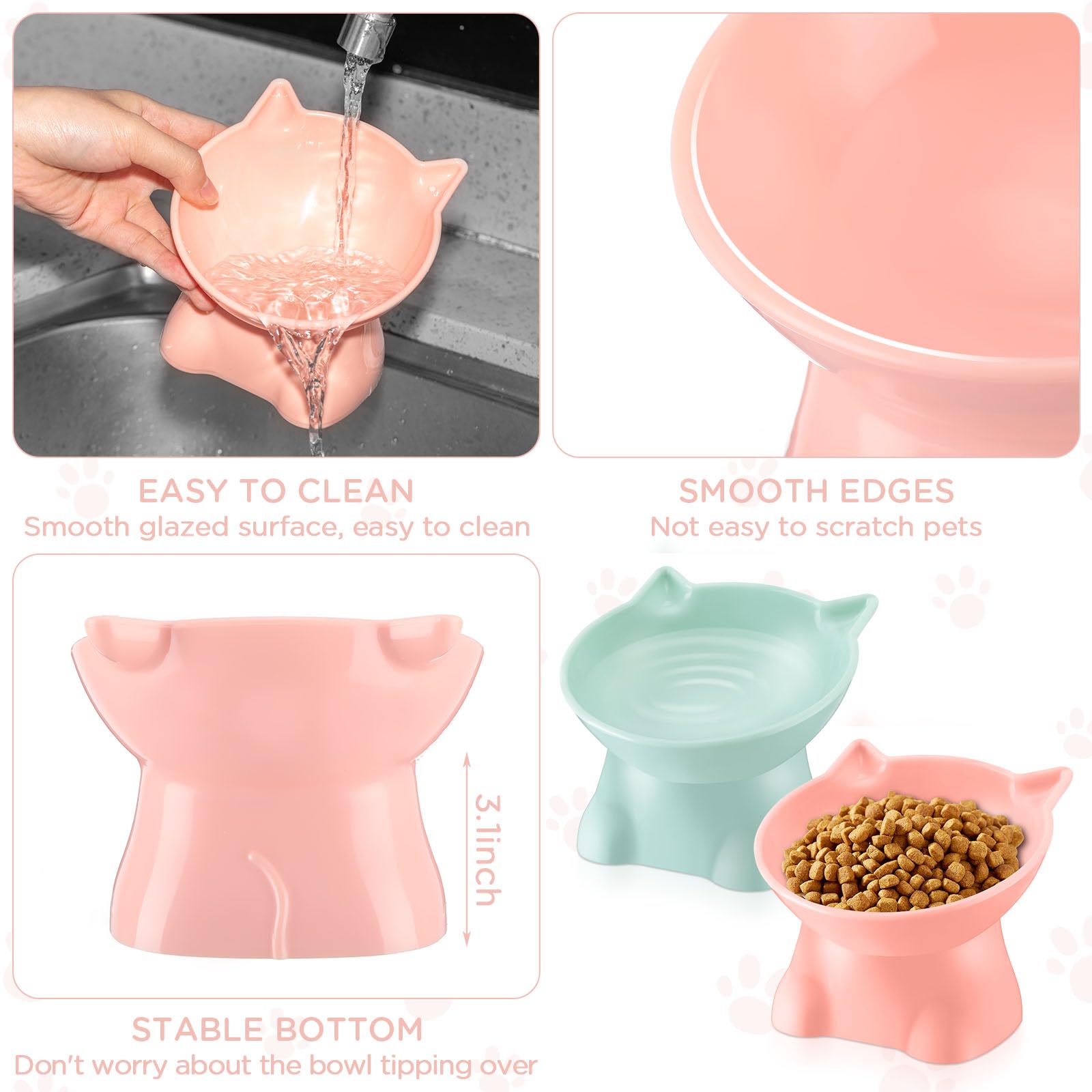 Yaomiao 2 ciotole in plastica rialzate per gatti inclinate, ciotole rialzate per acqua per gatti con fiocco rialzato, accessori per gatti per cibo e acqua, gatti piccoli animali domestici, rosa e