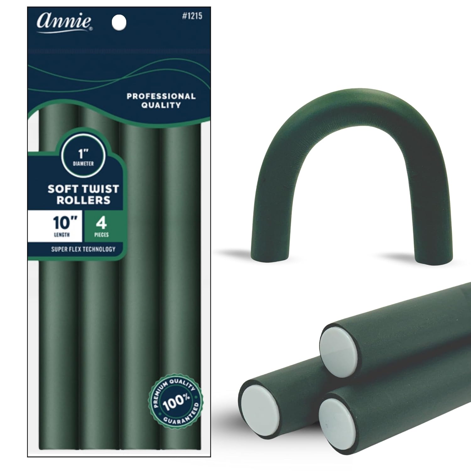 Annie Soft Twist Roller Set 1″ Diameter: 4Pcs Flexible 10″ Heatless Rollers (Green)
