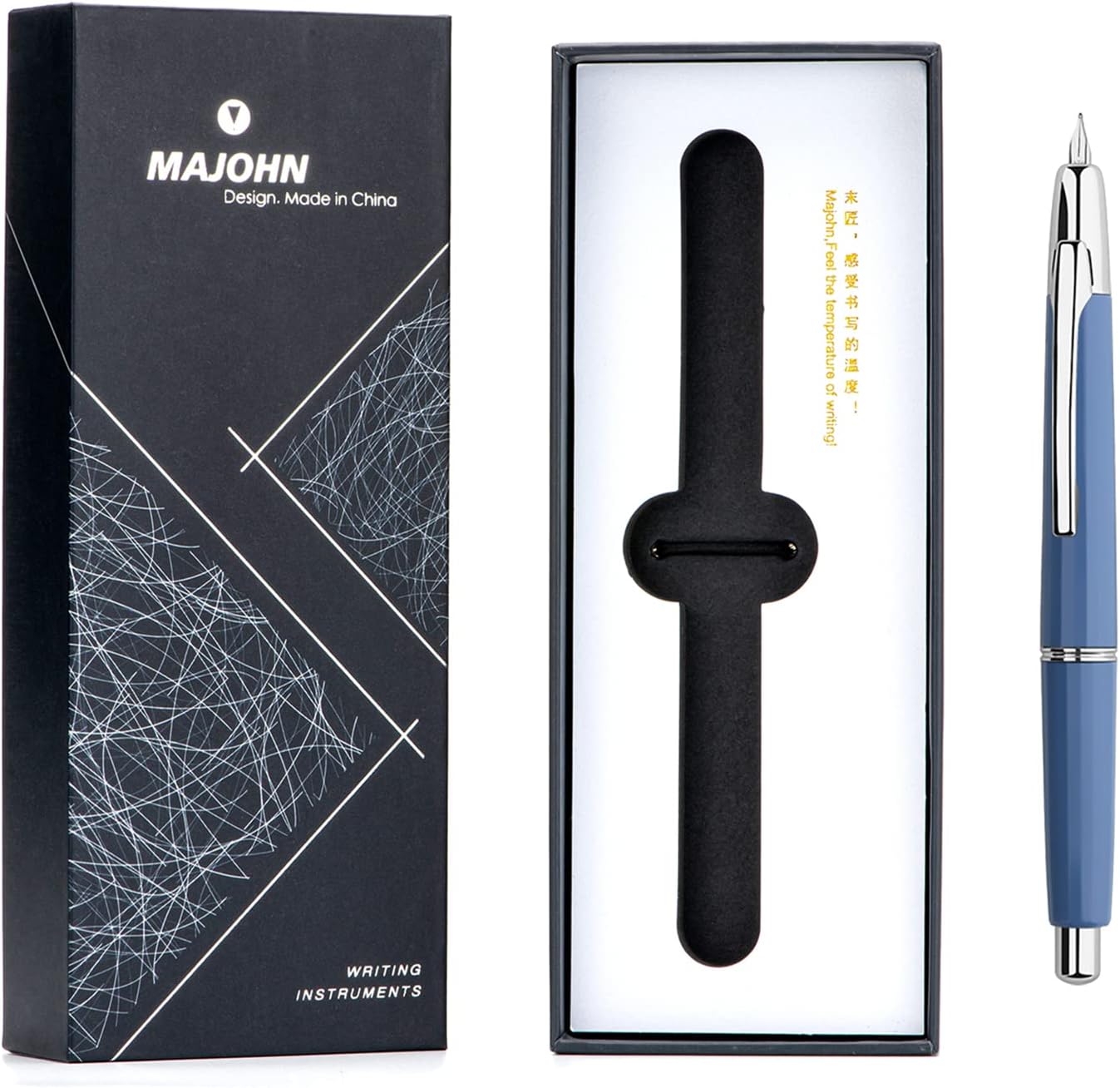 erofa Majohn A2 Press Fountain Pen Extra Fine Nib with Box, Retractable Blue Resin Ink Pen with Converter Writing Pen Set (Silver Clip Version
