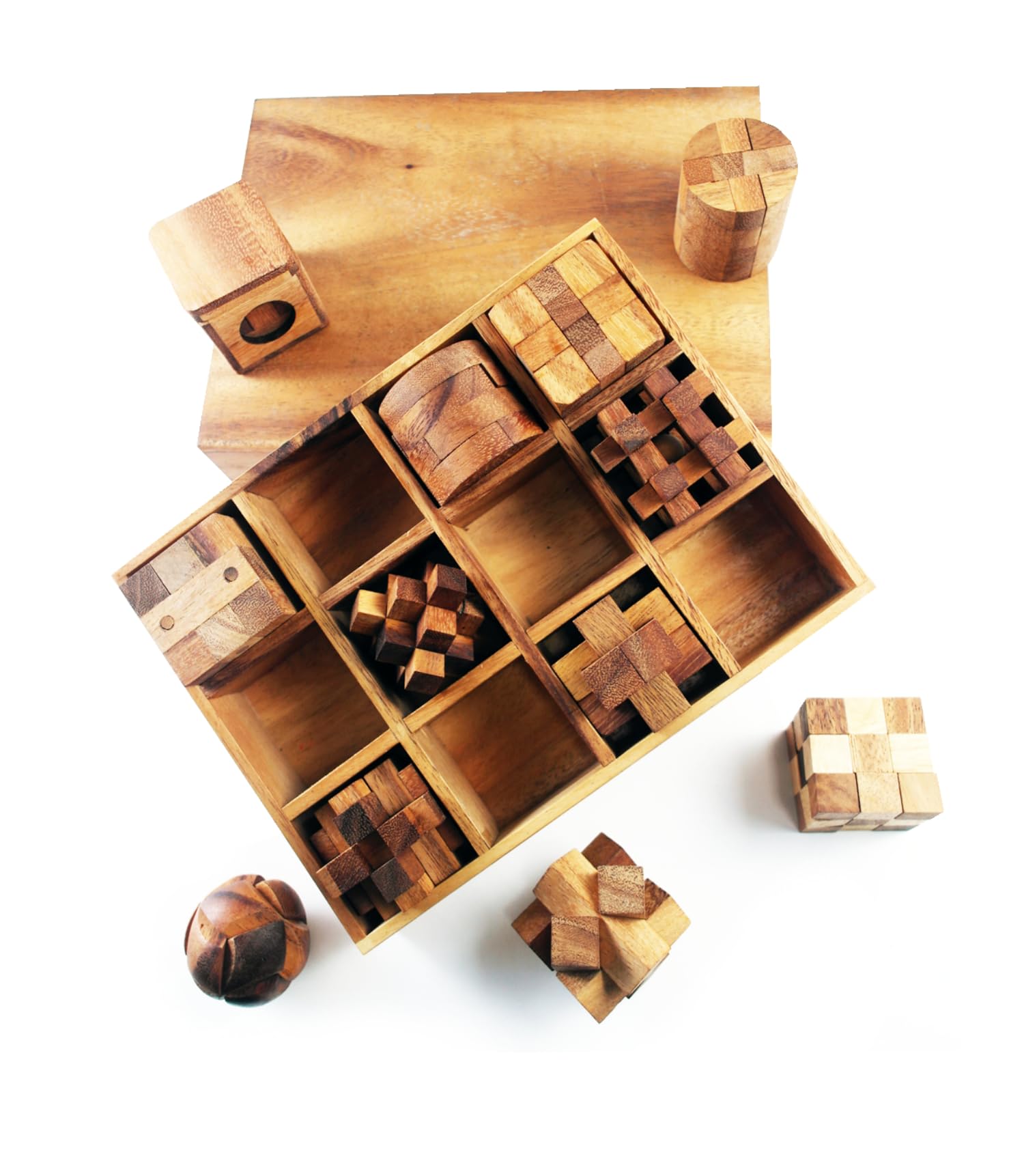 Wooden Puzzle Box Sets include 3D brain teasers, logic puzzles, and interlocking games for adults and teensa gift That will add brain-bending fun to your decor. (12-set-wooden)