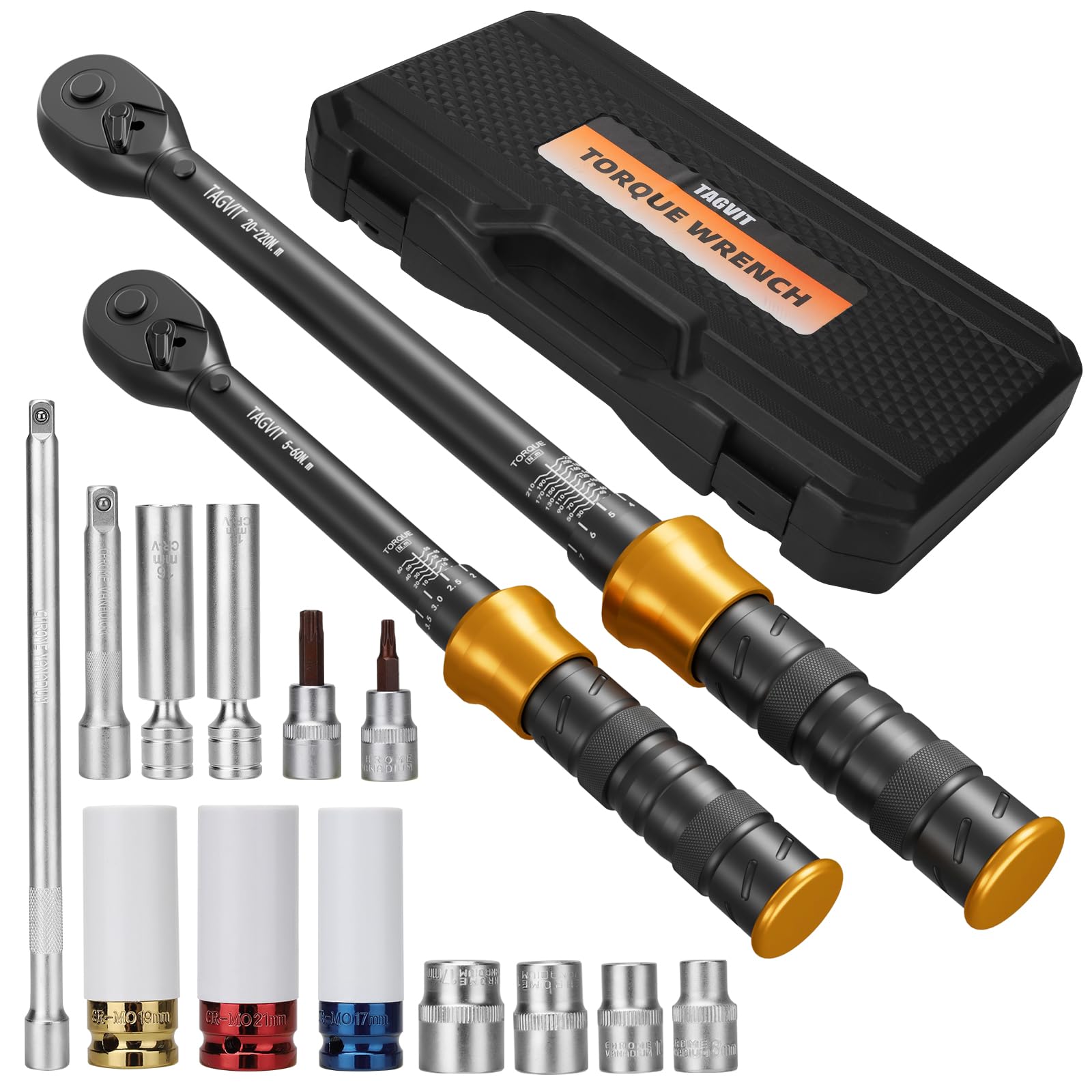 TAGVIT Kit Chiave Dinamometrica 1/2" & 3/8" | 5-60Nm e 20-220Nm, Precisione ±3% | 15 Pezzi Kit Manutenzione Auto e Moto con Prolunga, Bussola Protettiva Pneumatici, Presa Candele e Torx