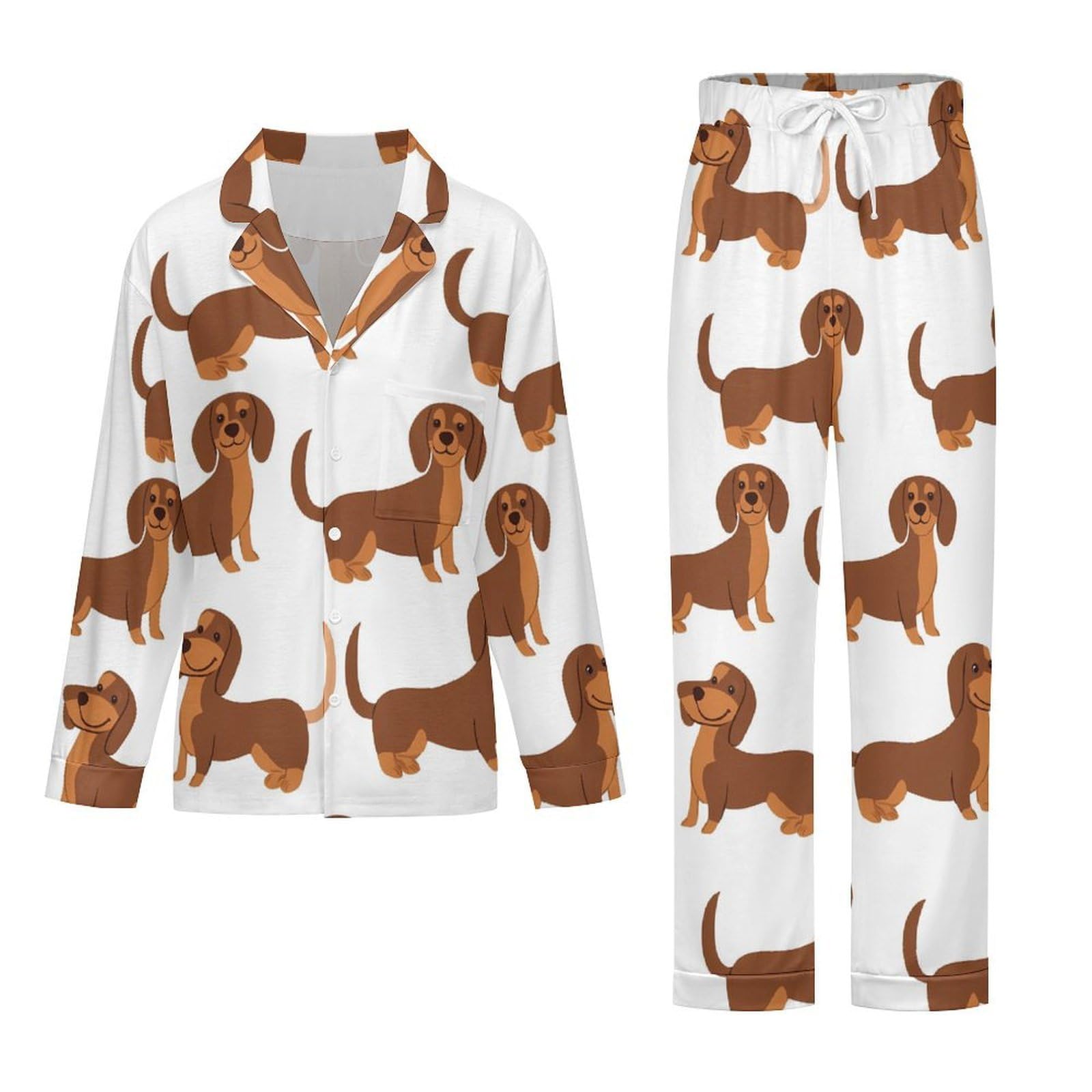 Conjunto de pijama elegante para mujer con estampado de perros salchicha, manga larga, botones y pantalones, ropa de descanso, ropa de dormir