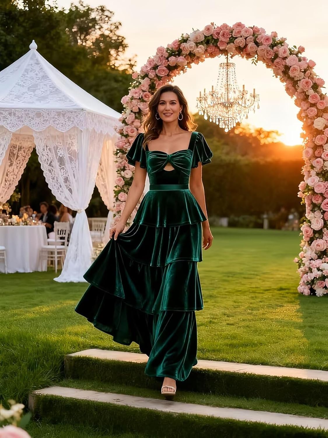 Short Sleeve Velvet A Line Pleated Cocktail Dresses for Women Long Cut Out Tiered Formal Evening Gowns