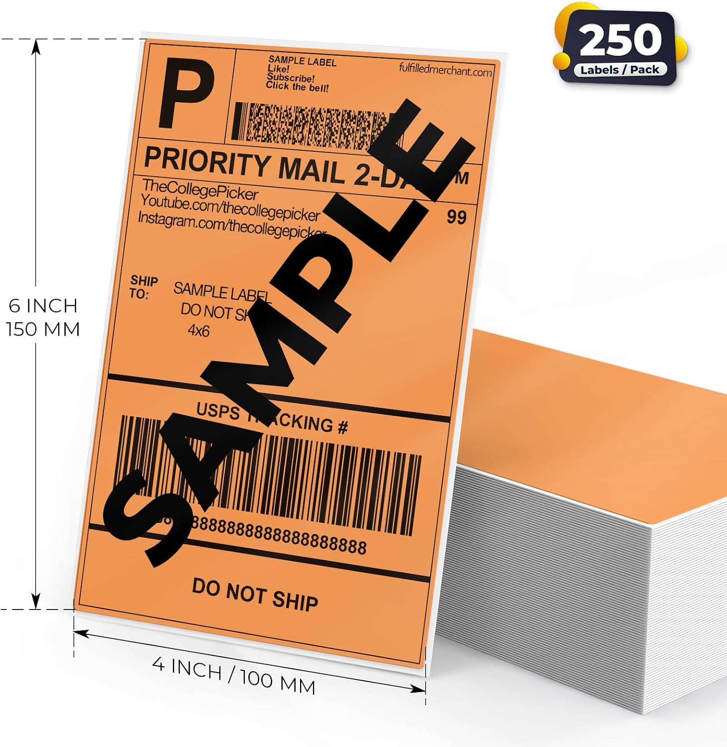 Orange Shipping Thermal Labels 4 × 6 Inch Vinyl Self-Adhesive Fanfold Direct Stickers Waterproof Perforated Printer Decal for Office Warehouse Home Address 250 PCS