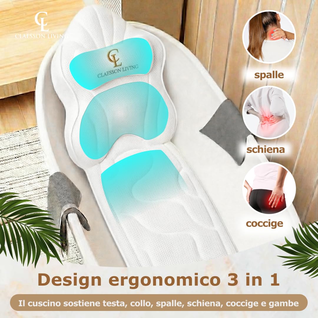 Cuscino Vasca da Bagno per Tutto il Corpo (126x41cm) – Cuscino Bagno con ventose e Poggiatesta (13cm); Supporta Collo, Schiena e Gambe – Incl. borse Lavaggio/Viaggio e Gancio Asciugatura – Bianco