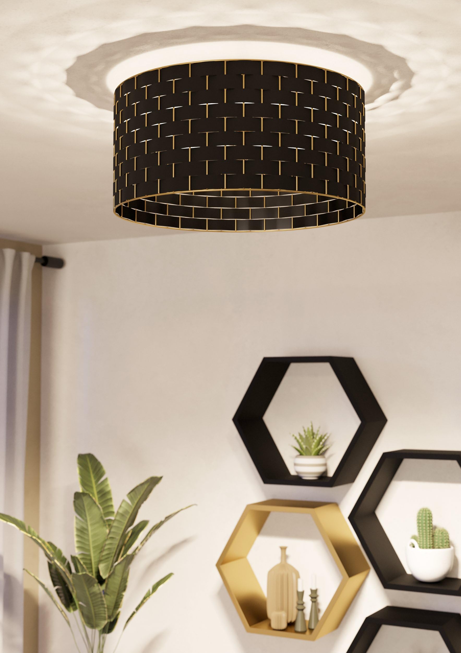 Eglo Luminaire plafonnier Marasales, lustre élégant en métal laiton et | tissu noir, lampe de plafond pour salon et chambre à coucher