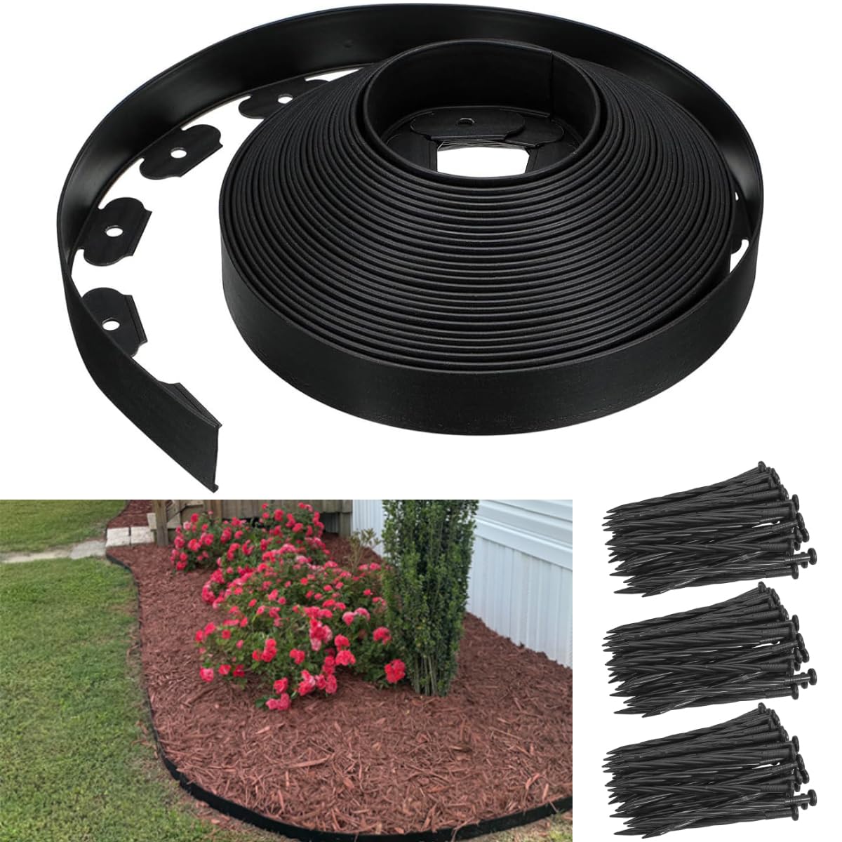 Garden Edging Borders,5cm x 20m Lawn Edging Border with 50pcs Spikes, Flexible Landscape Edging Kit, Plastic Fence Edge for Yard,Landscaping,Flowerbeds,Grass,Tree