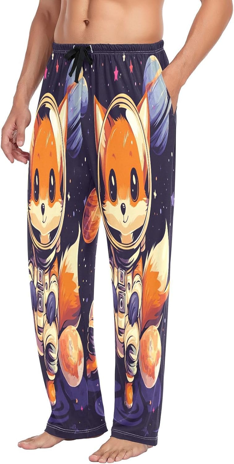 ALAZA Astronaut Fox Cartoon Men's Pajama Pants Men Cotton Pajama Bottoms with Pockets, S