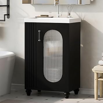 20" Small Bathroom Vanity with Sink Set, Glass Door Vintage Bathroom Cabinet Vanity with Ceramic Basin, Extra Large Storage with Two-Tier Open Shelf, Adjustable Shelf, Black