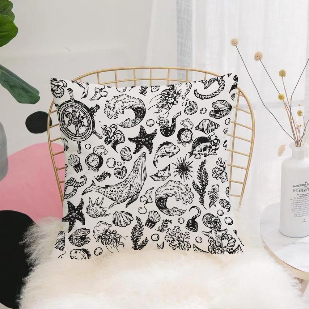 HYOSXW Cushion Cover,Throw Pillow Case Home Decorative for Living Room Bedroom Sofa Chair 16X16 Inch,Marine pattern. l elements. Anchor whale helm fishes pirate elements shells. Un,Pillowcase 40X40cm