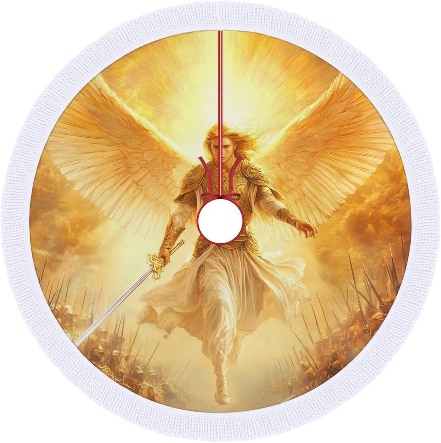 God an-gels Holding Swords Christmas Tree Skirt Round Xmas Tree Mat Ornaments Tree Skirts with Tassels for Holiday Party