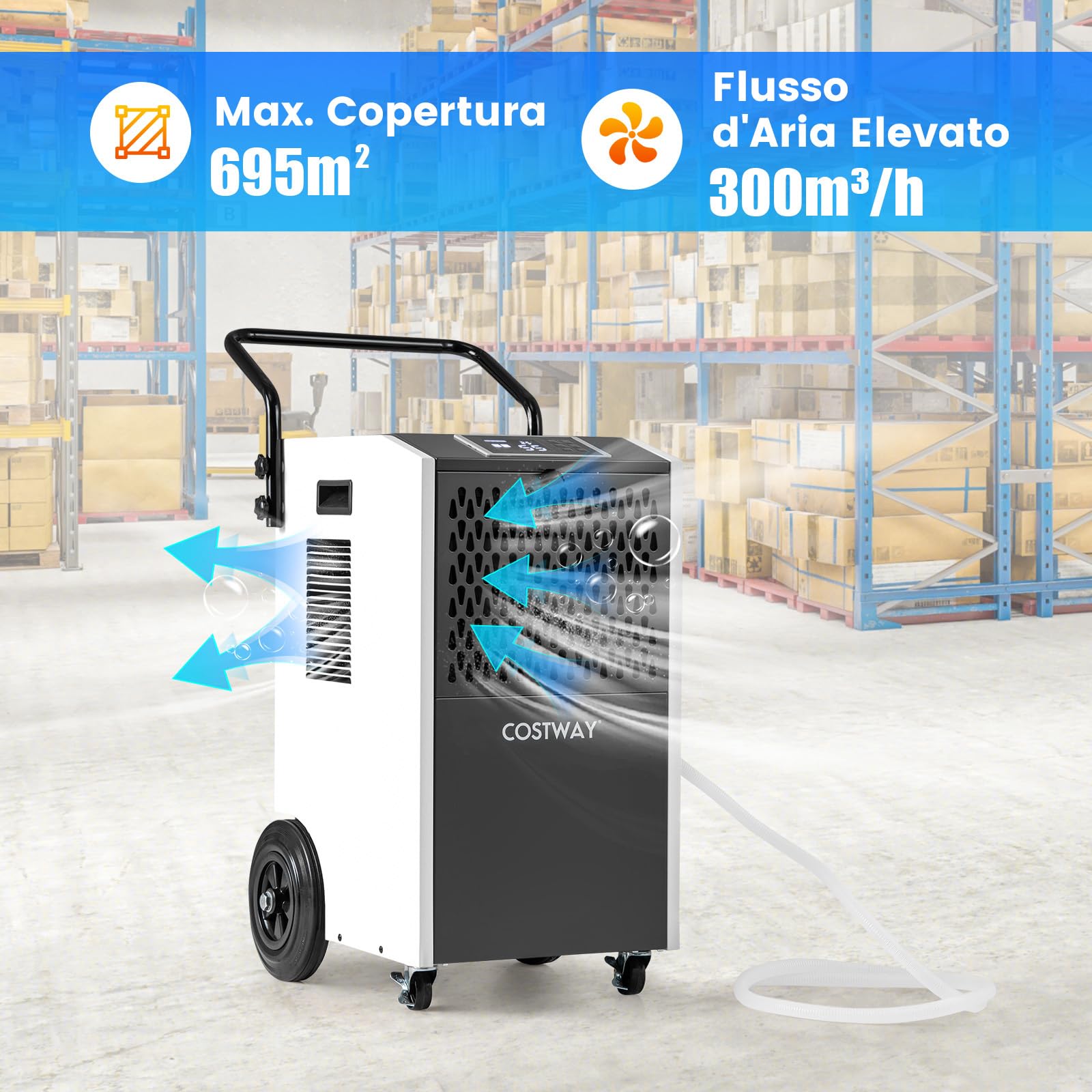 COSTWAY Deumidificatore Casa, Deumidificatore Elettrico con Tubo di Scarico e Timer, Portatile con Ruote per Cantina, Magazzino, Fabbrica e Grandi Spazi fino a 695 m³ (Bianco)