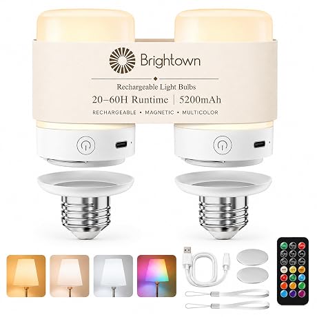 Brightown 5000mAh E26 Rechargeable Light Bulbs, Battery Backup Bulbs for Power Outages, Remote Timer, Dimmable Magnetic Wireless Bulbs, 3000K-6000K White Light, 9 RGB Colors for Lamps Sconces, 2 Pack