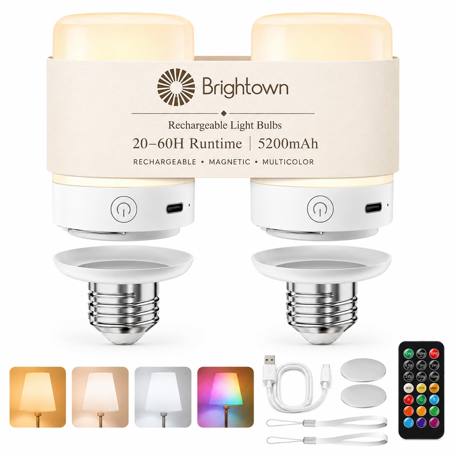 Brightown 5200mAh E26 Rechargeable Light Bulbs with Remote Timer