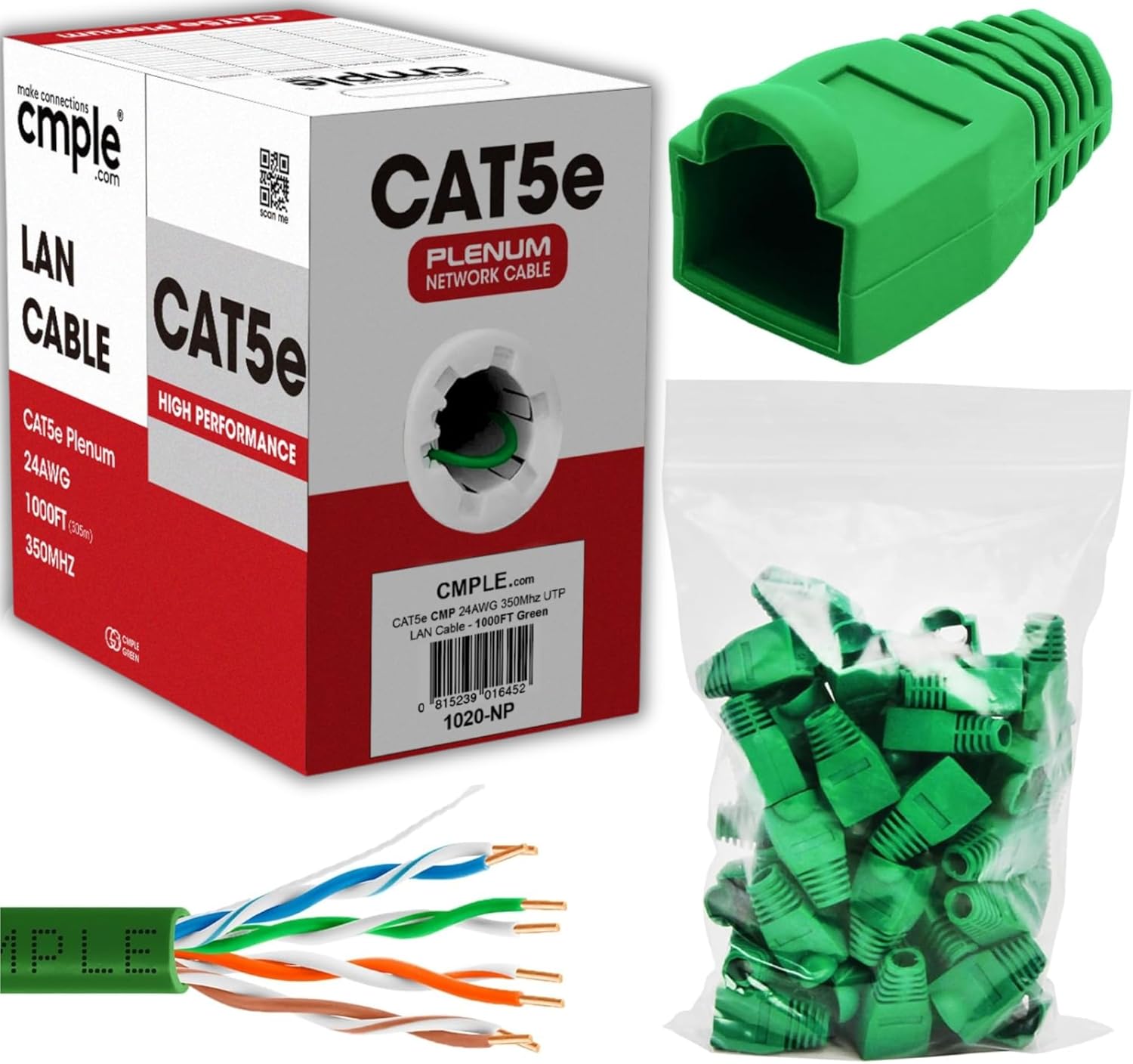 Cmple - Green Cat5e Ethernet Cable 1000ft Bulk Unshielded Twisted Pair (UTP), Solid 24AWG + 50 Pack Green RJ45 Strain Relief Boots for Ethernet RJ45 LAN Cable Bundle