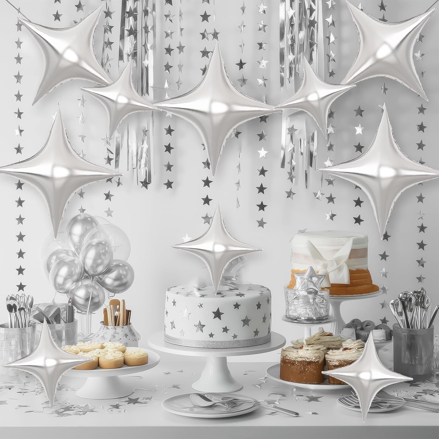 GRESATEK Silver Foil Star Balloons,10Pcs Quadrangle Star Balloons,Four Angle Star Shaped Helium Mylar Balloons for Brithday,Engagement,Graduation,Wedding Party Decorations