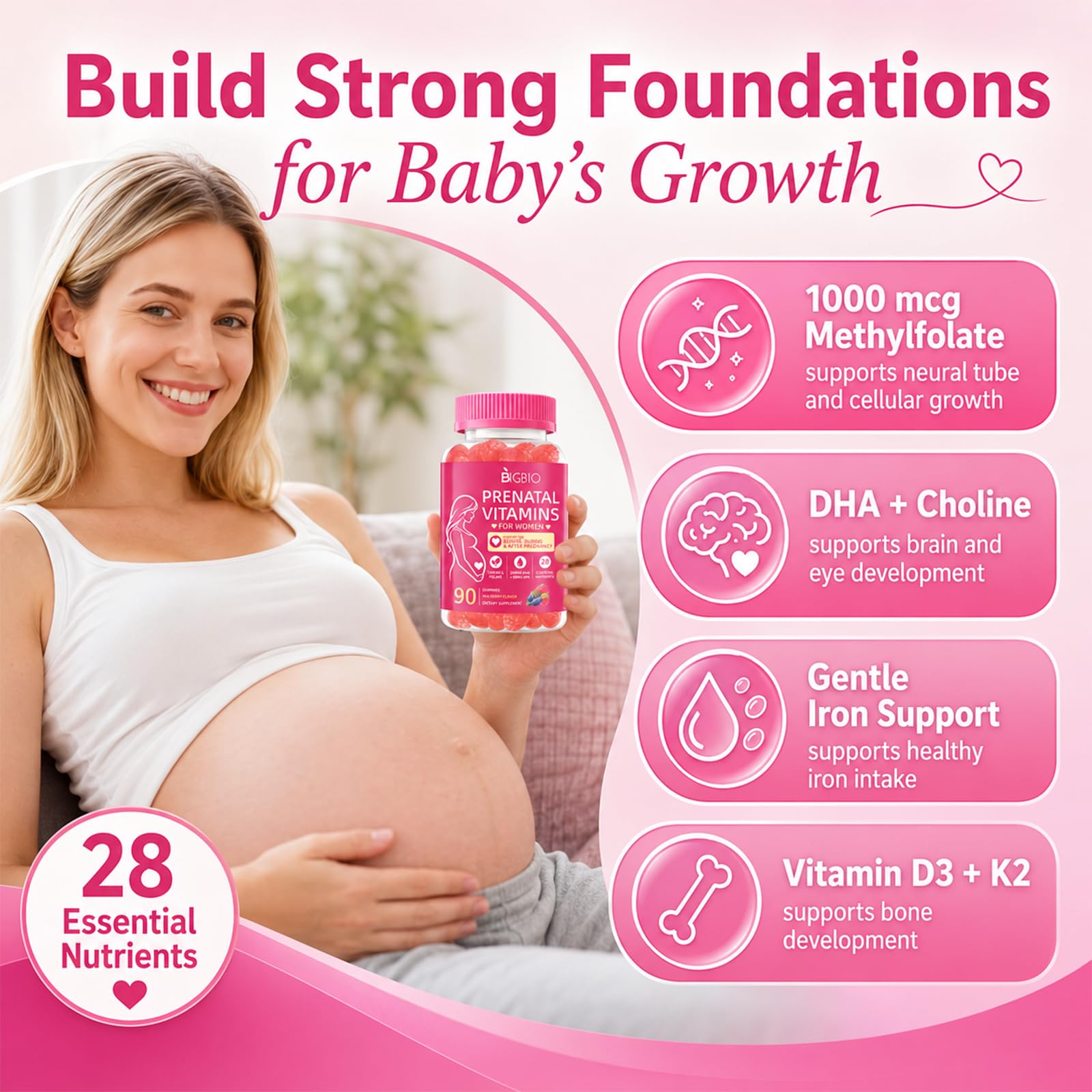 Prenatal Vitamins for Women Gummies, Methylfolate 1mg, Choline, Omega 3 DHA EPA, Iron, Probiotics & B Complex, Postnatal Vitamins for Breastfeeding, Sugar Free Vegan, Mixed Berry, 90 Count — Amazon image 2