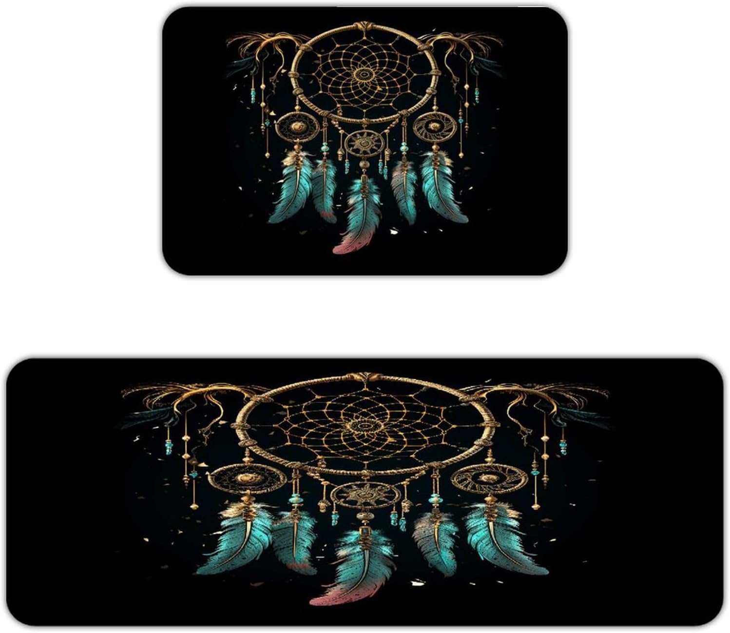 Dark Dream Catcher Kitchen Mat Washable Non Slip Rugs Soft Kitchen Mats for Floor Set of 2 PCS Cushioned Absorbent Runner Standing Rugs for Home Sink Laundry Office