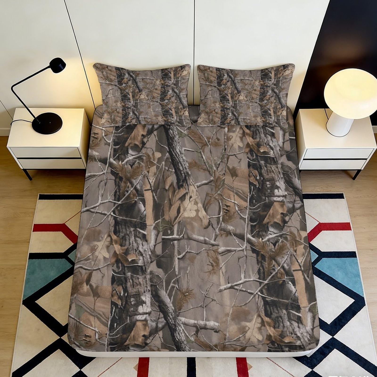 3D Printed Camouflage Fitted Sheet Microfiber Soft Durable Tree Pattern Mattress Cover for Bedroom Dormitory Guest Room Protection Decoration 200x200x25cm
