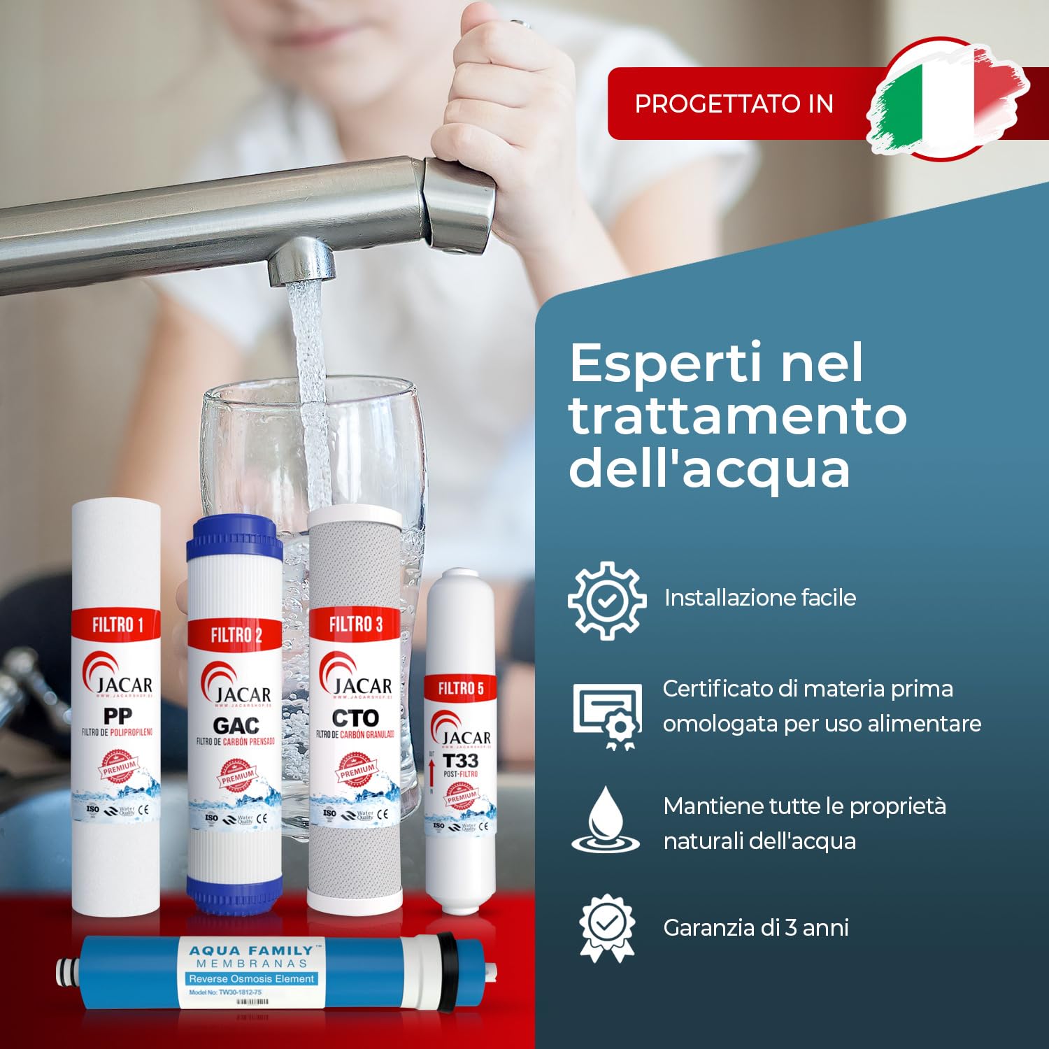 JACAR Pack Doppio Filtri Osmosi inversa domestica 5 stadi per 2 Anni | Filtros de Osmosis per Depuratore acqua Sistema a 5 stadi per uso domestico, Include membrana 50 GPD filtrazione costante.