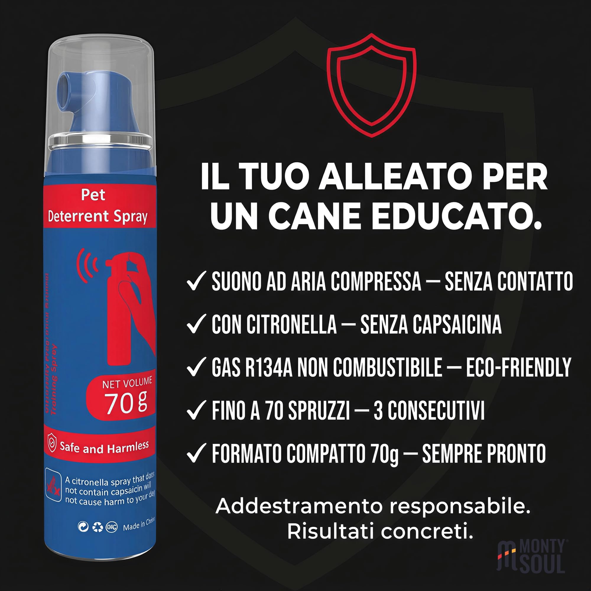 Spray Correttivo per Cani ad Aria Compressa con Citronella - Deterrente Sonoro Sicuro e Umano per Addestramento - Aiuta a Ridurre Abbaio, Salti e Comportamenti Indesiderati - Fino a 70 Spruzzi (70 g)
