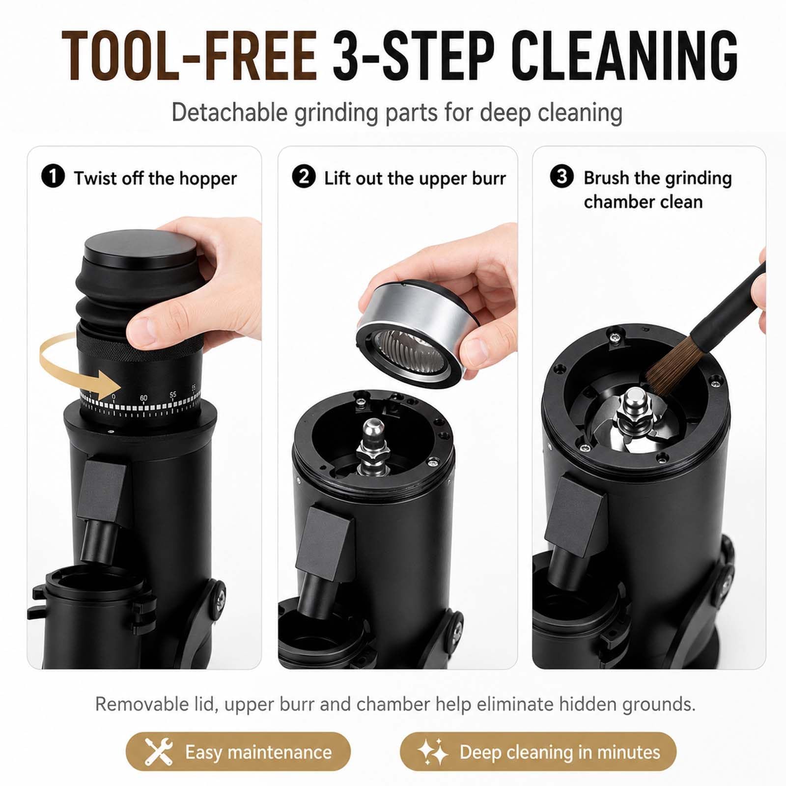 Molinillo De Café Monodosis, Muelas De 7 Estrellas De 48 MM | Ajuste fino continuo para una crema abundante, fácil de limpiar y desmontar; ideal para el ritual matutino del café en casa.