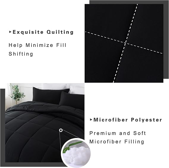 DOWNCOOL Queen Comforter Set -All Season Queen Bed Set with 2 Pillow Cases-3 Pieces Bedding Sets Queen -Down Alternative Black Queen Size Comforter Sets(88x92)