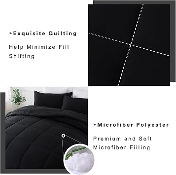 DOWNCOOL Queen Comforter Set -All Season Queen Bed Set with 2 Pillow Cases-3 Pieces Bedding Sets Queen -Down Alternative Black Queen Size Comforter Sets(88x92)