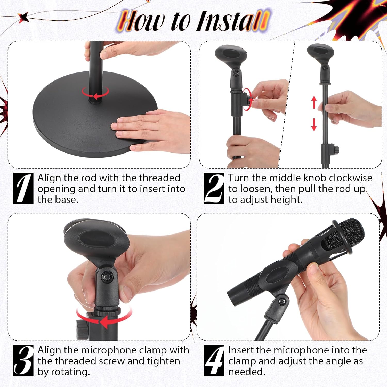 3 Pack One Hand Microphone Stand with Weighted Heavy Round Base, 3 to 5.3 ft Height Adjustment Microphone Stands, Telescoping Mic Boom Arm, Mic Holder for Singing Concert Performances