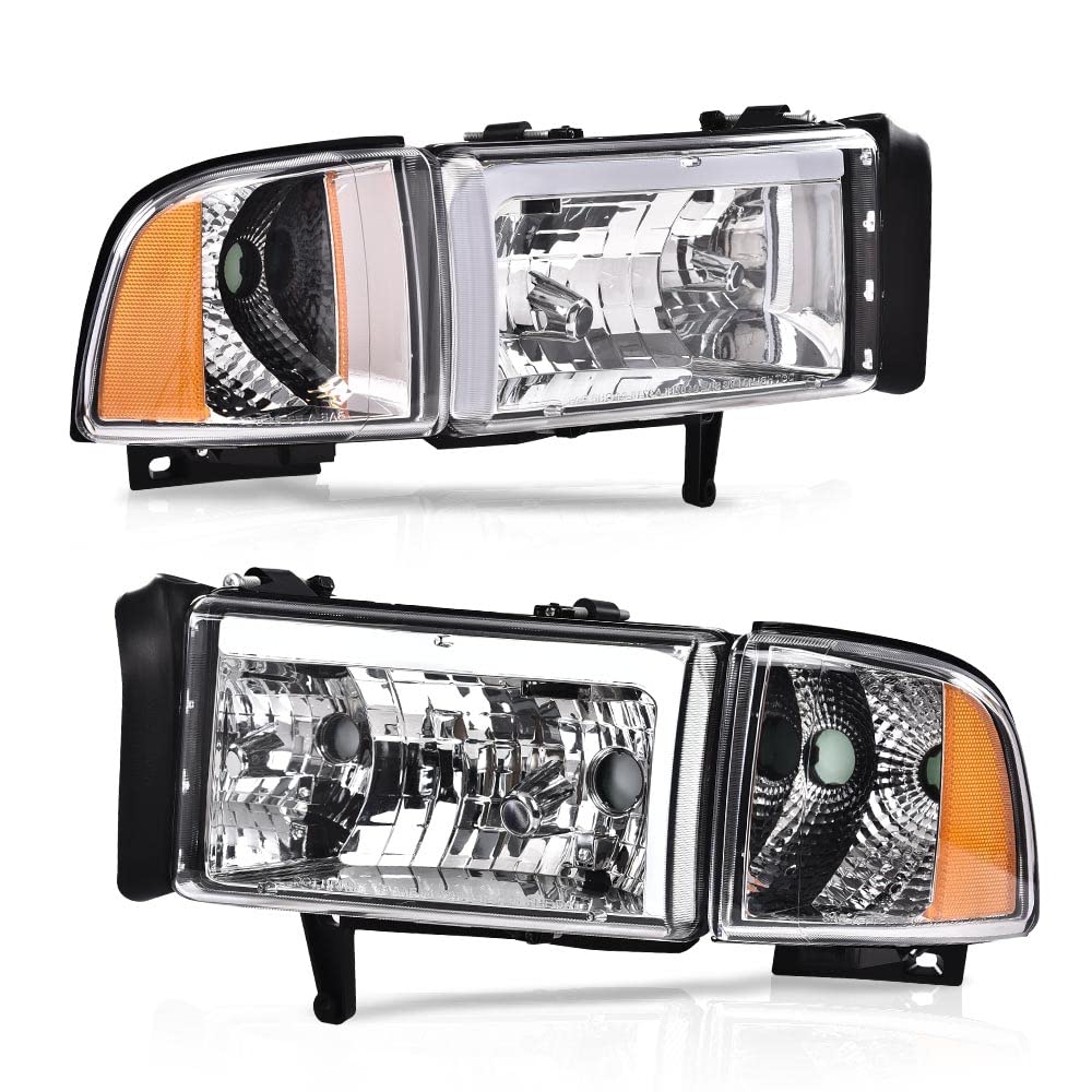 G-PLUS LED Headlights Head Lamps Compatible with Dodge Ram 1500 1994-2001/Fit Dodge Ram 2500 3500 1994-2002 Left & Right Clear lens Chrome Housing Amber Reflector Bumper Front Headlamps