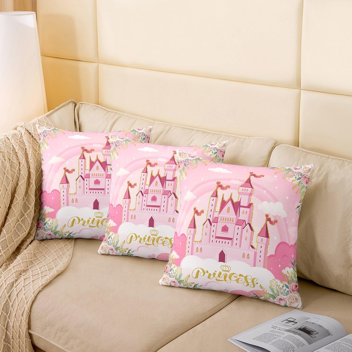 Manfei Princess Style Set of 2 Pillow Cover Pink Castle Dreamy Cushion Case for Kids Girls Bedroom Flowers Garden Fairy Tale Square Pillow Case for Sofa Couch,Girls Gift,24x24 Inch