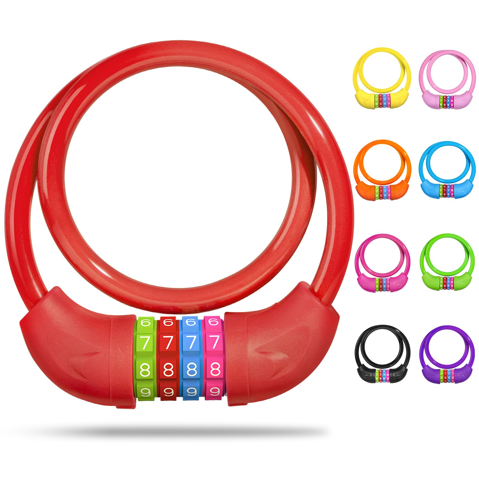 SPGOOD Bicycle Lock with Numbers for Children (10 x 650 mm), Anti-Theft Cable Lock Code Combination, Bicycle Combination Lock for Girls Boys, Bicycle Accessories, Children's Bicycle Lock (Red)