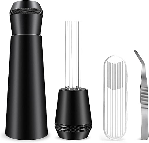 Herramienta WDT, herramienta de distribución de espresso con agujas de 0.010 in x 10, agitador de café con mango de aleación de aluminio y base