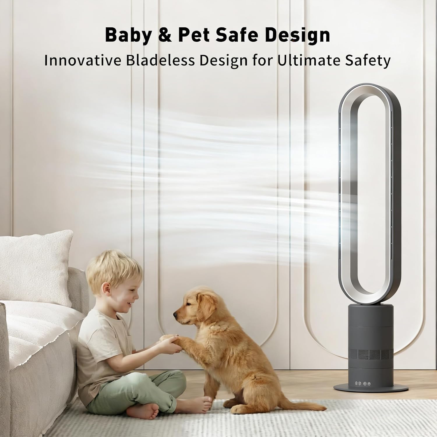 Ventilador de Torre sin Aspas con Mando, 10 Velocidades Ultra Silencioso, Oscilación 80°, Temporizador 9h, Seguro para Niños y Mascotas, Ideal Dormitorio Salón Oficina
