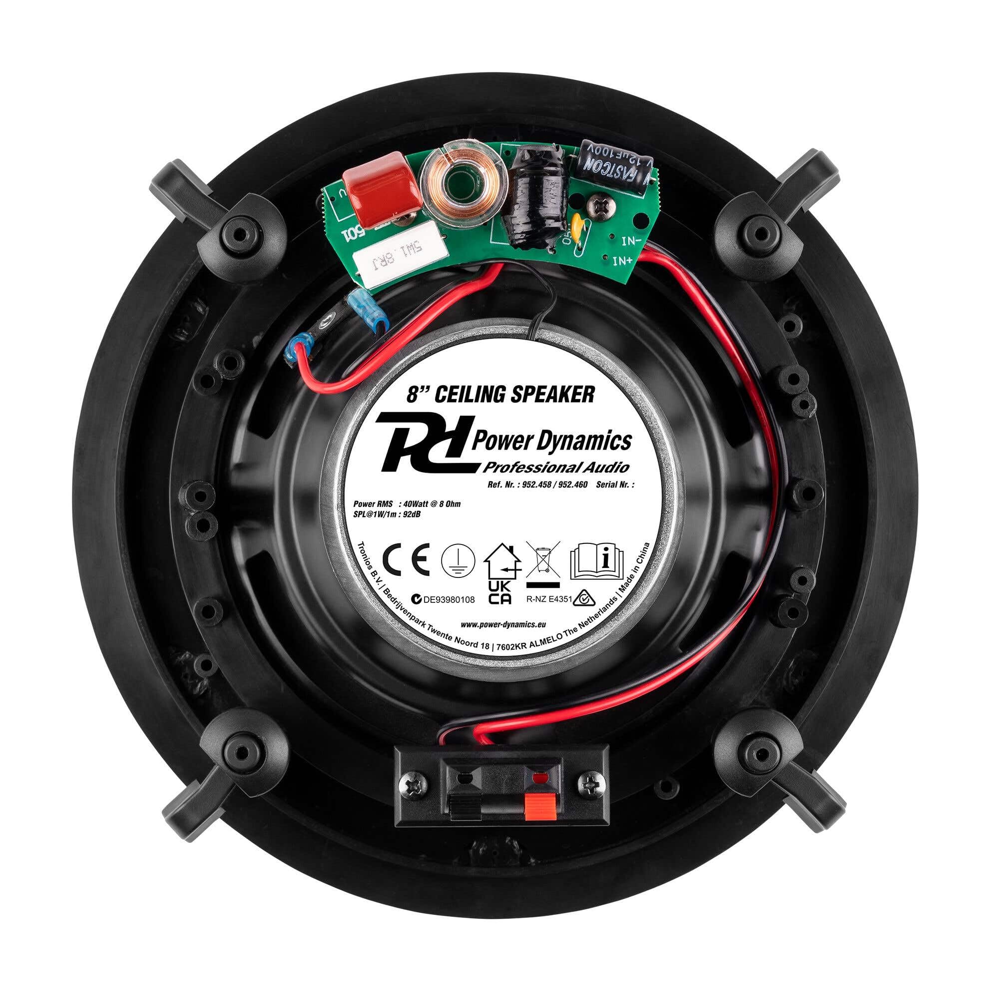 Power Dynamics Powerline B50BSet Amplificateur Mural Stéréo 2x25W Noir avec 2 Enceintes de Plafond 6,5" Blanches, Installation Discrète, Idéale Maison et Pro