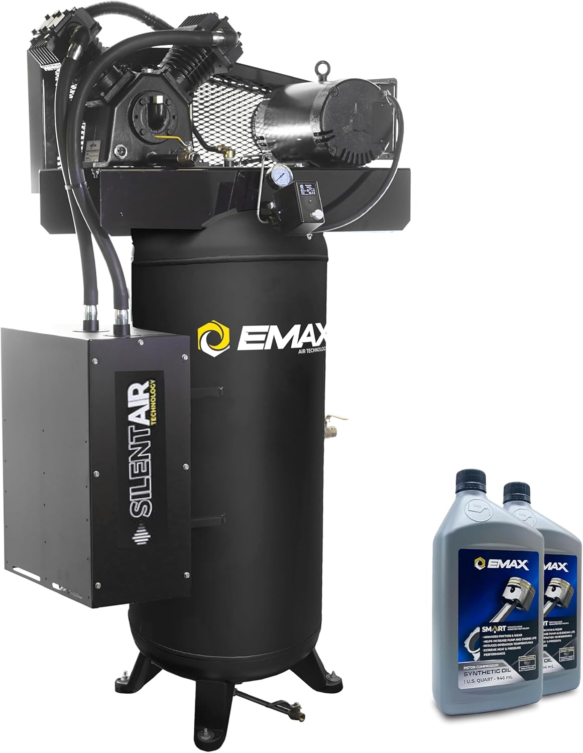 EMAX Silent Air Industrial Air Compressor - 5HP 60 Gal 19CFM Single Stage Vertical Compressor with Splash Lubricated Pump, Isolator Pads & Oil for First Change - ESS05V060V1