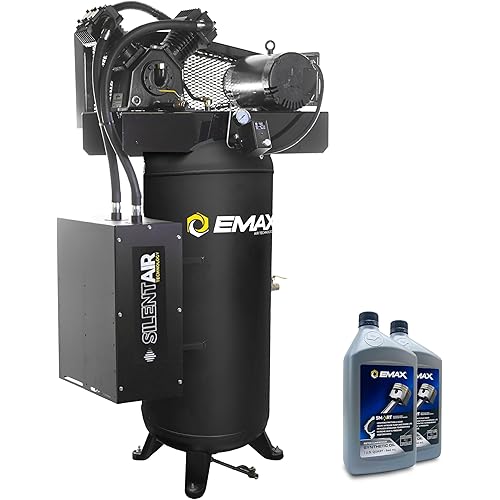 EMAX Silent Air Industrial Air Compressor - 5HP 60 Gal 19CFM Single Stage Vertical Compressor with Splash Lubricated Pump, Isolator Pads & Oil for First Change - Made in the USA - ESS05V060V1