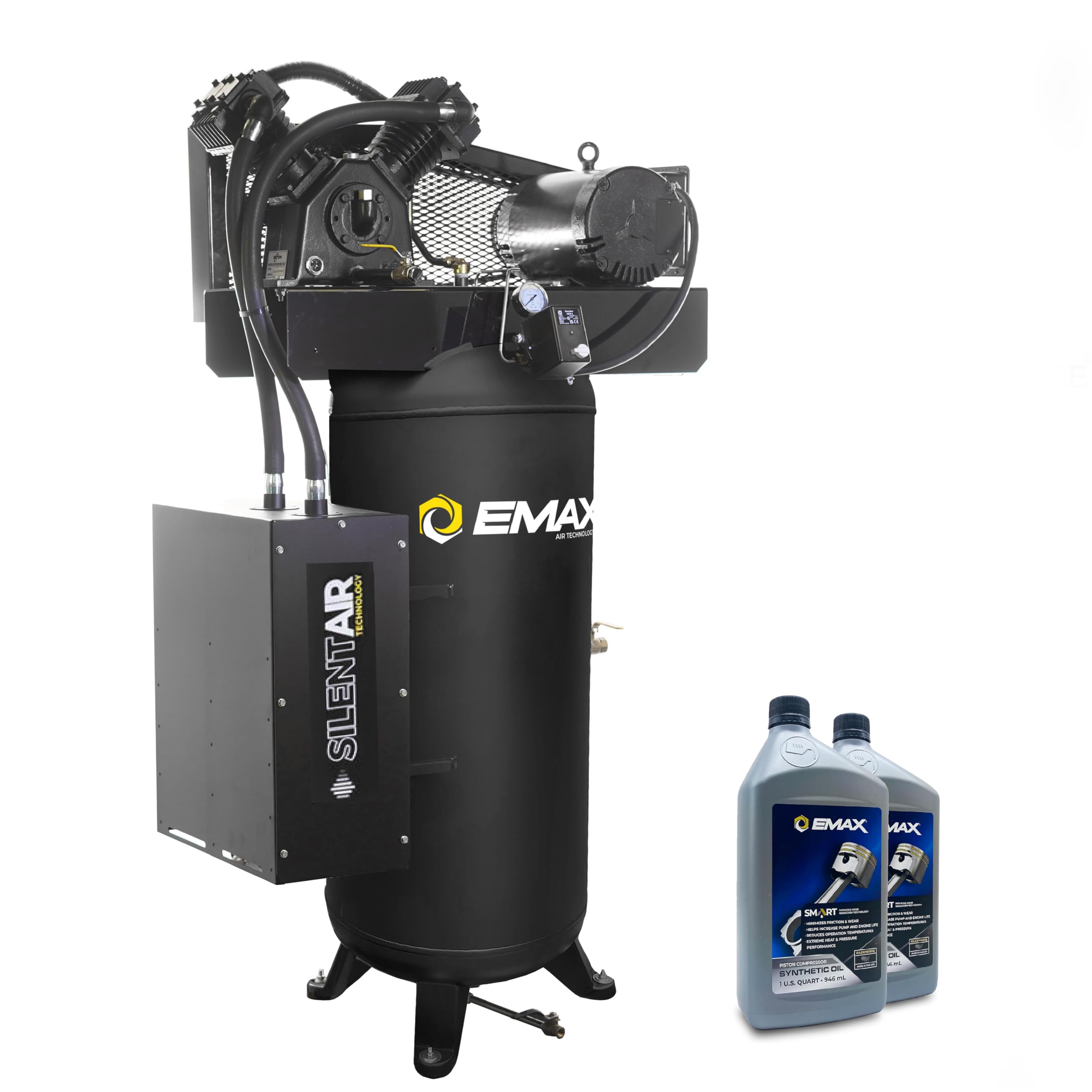 EMAX Silent Air Industrial Air Compressor - 5HP 60 Gal 19CFM Single Stage Vertical Compressor with Splash Lubricated Pump, Isolator Pads & Oil for