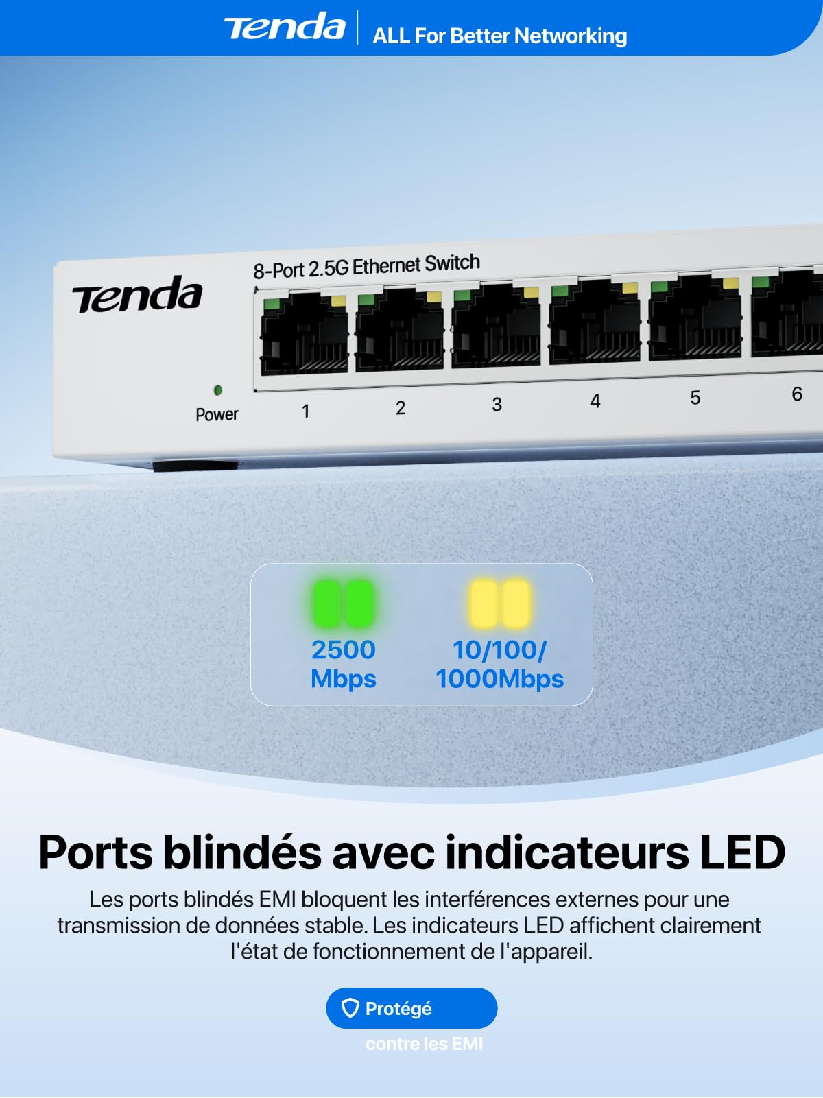 Tenda Switch Ethernet 2.5 Gigabit 8 Ports RJ45, Boîtier Métal, Blanc